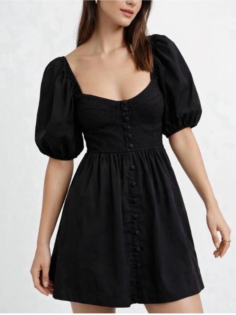 Anthropologie -NWOT - Black Puff-Sleeve Mini Dress with Button Front